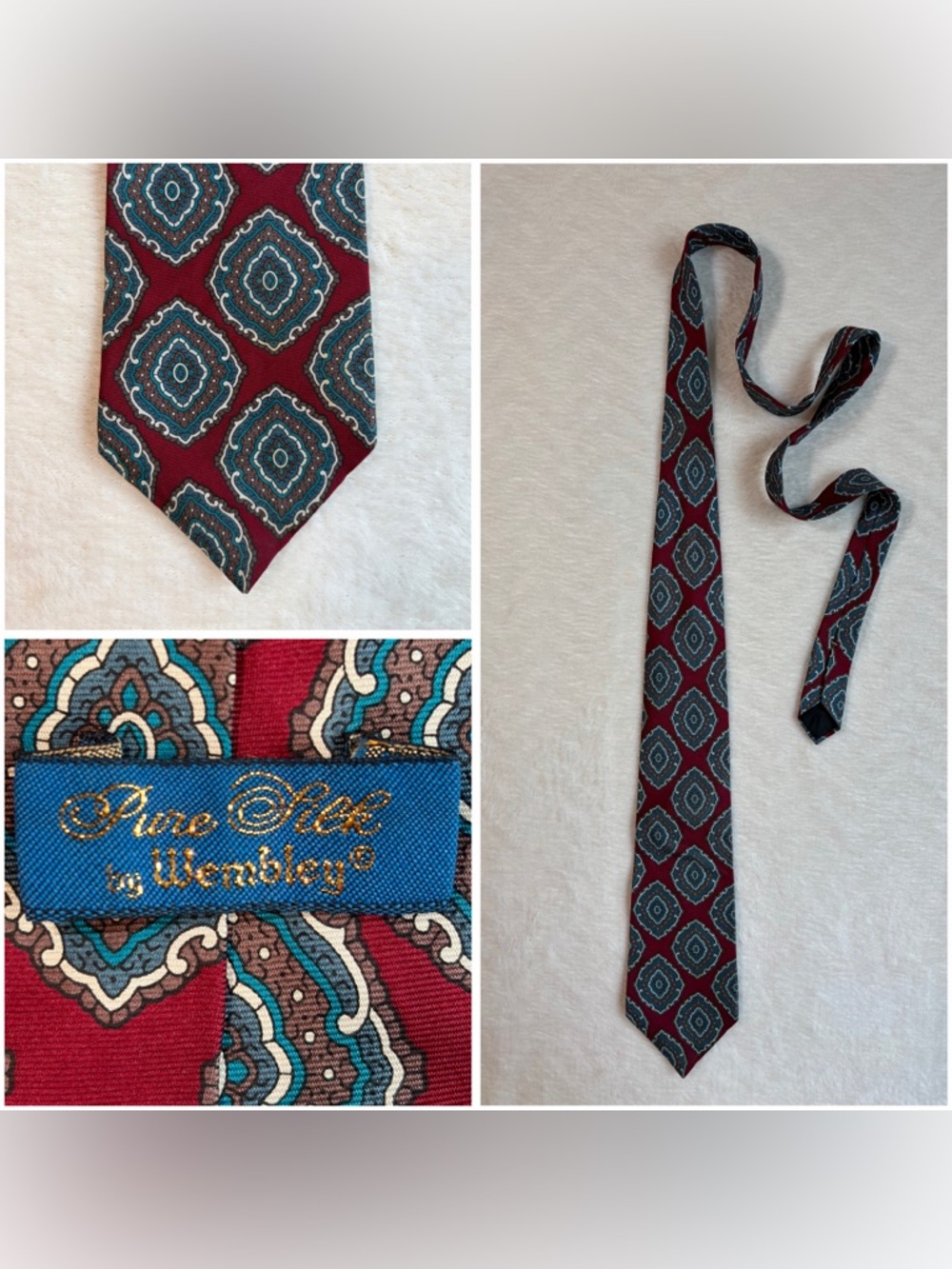 Wembley Men's Geometric Burgundy Blue‎ Silk Woven Pointed Tie